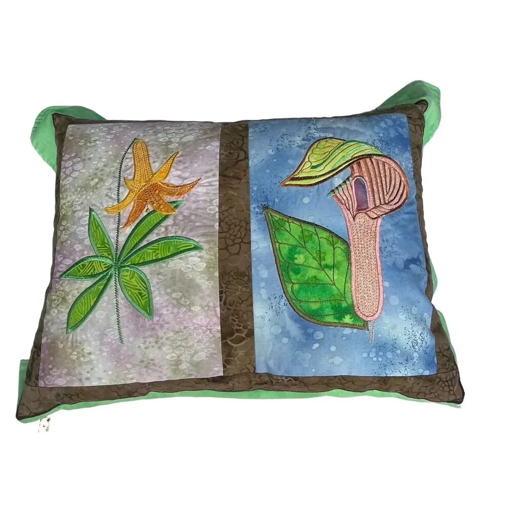 Vtg Quilted Batik Floral Throw Pillow 20” Appliqué Lily Cottagecore Botanical